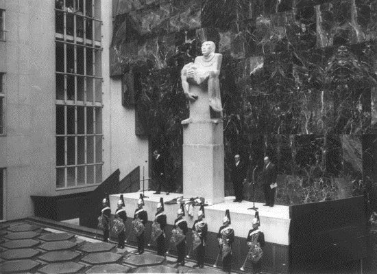 Black & White Photo of Sir Jacob Epstein War Memorial With Commemorative Guard